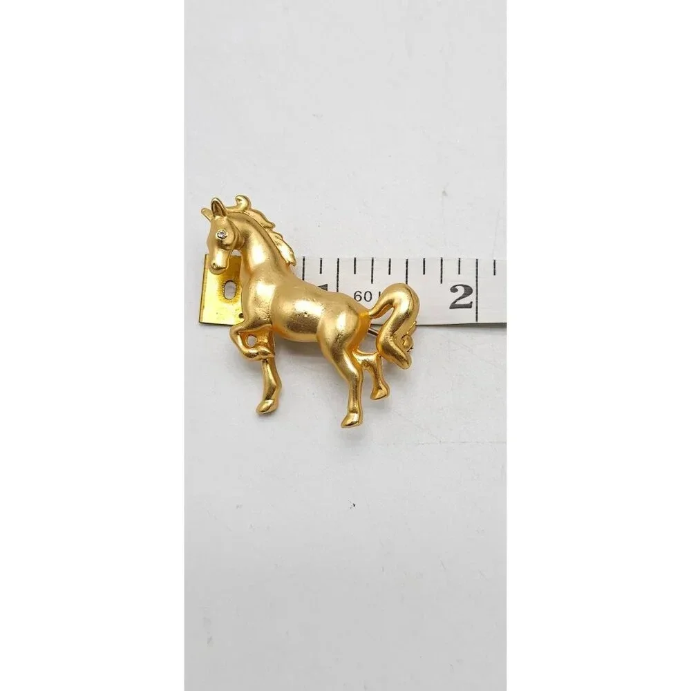 Clear Rhinestone Eyed Matte Gold Tone Vintage Horse Pin Brooch